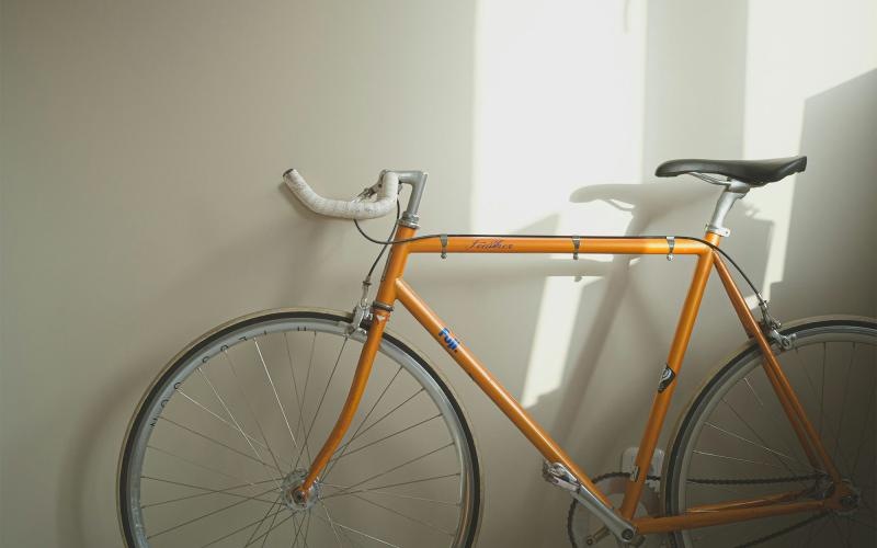 a bicycle parked in a room