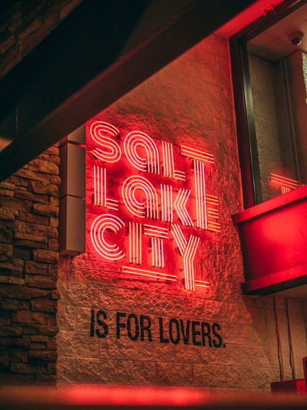 Salt Lake City neon sign on a brick wall