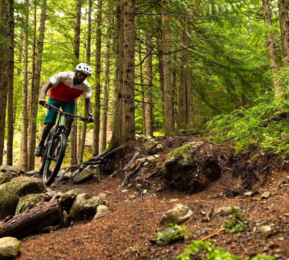 Young man mountain biking on a wooded trail