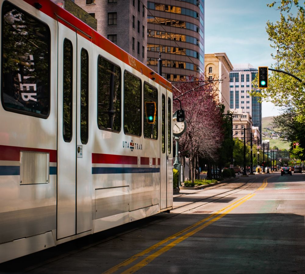 UTA Trax public transit light rail car in a city