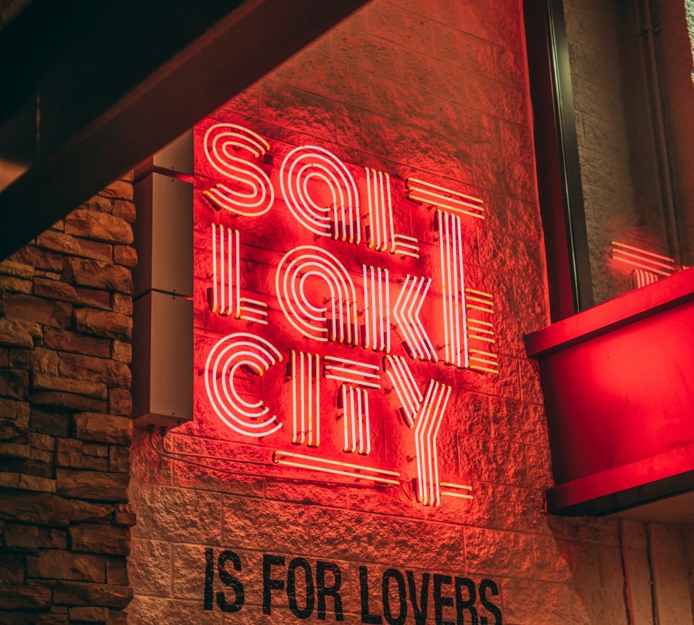 Salt Lake City neon sign on a brick wall