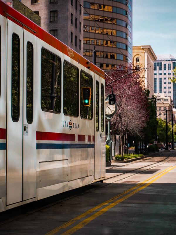 UTA Trax public transit light rail car in a city