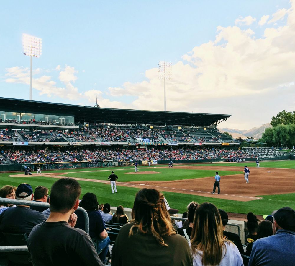 Baseball game at an outdoor stadium